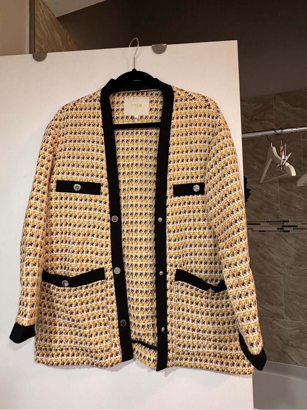 Maje Yellow and Black Tweed Open-Front Blazer